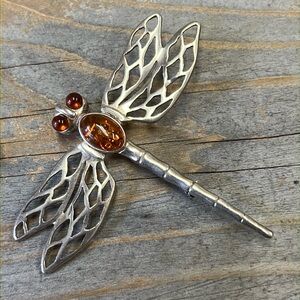 Vintage Sterling Silver & Amber Dragonfly Brooch